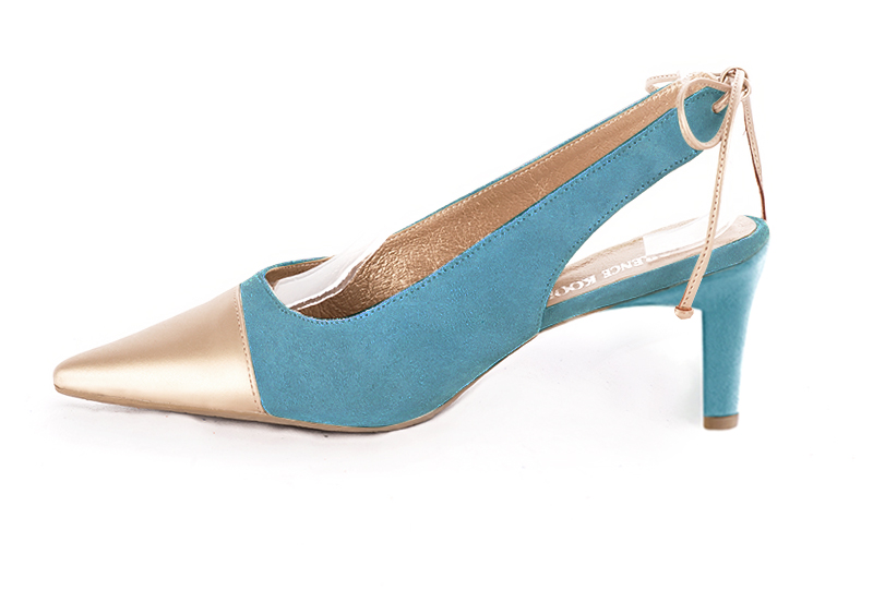 French elegance and refinement for these gold and peacock blue dress slingback shoes, 
                available in many subtle leather and colour combinations. This beautiful enveloping pump will fit your foot without binding it
Its rear lacing will allow you to adjust it to your liking.
To be declined according to your choice of materials and colors.  
                Matching clutches for parties, ceremonies and weddings.   
                You can customize these shoes to perfectly match your tastes or needs, and have a unique model.  
                Choice of leathers, colours, knots and heels. 
                Wide range of materials and shades carefully chosen.  
                Rich collection of flat, low, mid and high heels.  
                Small and large shoe sizes - Florence KOOIJMAN